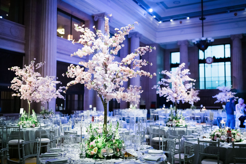 cherry blossom tree luxury wedding flowers at banking hall in cornhill london by amie bone flowers